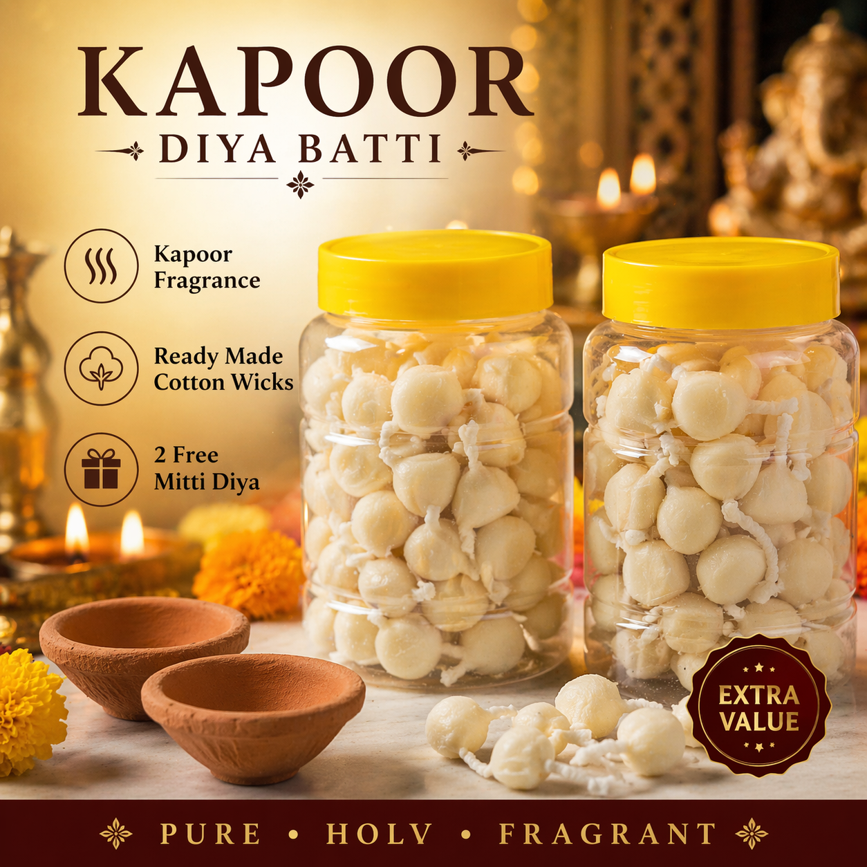 Kapoor Fragrance Diya Batti + 2 Free Diyas