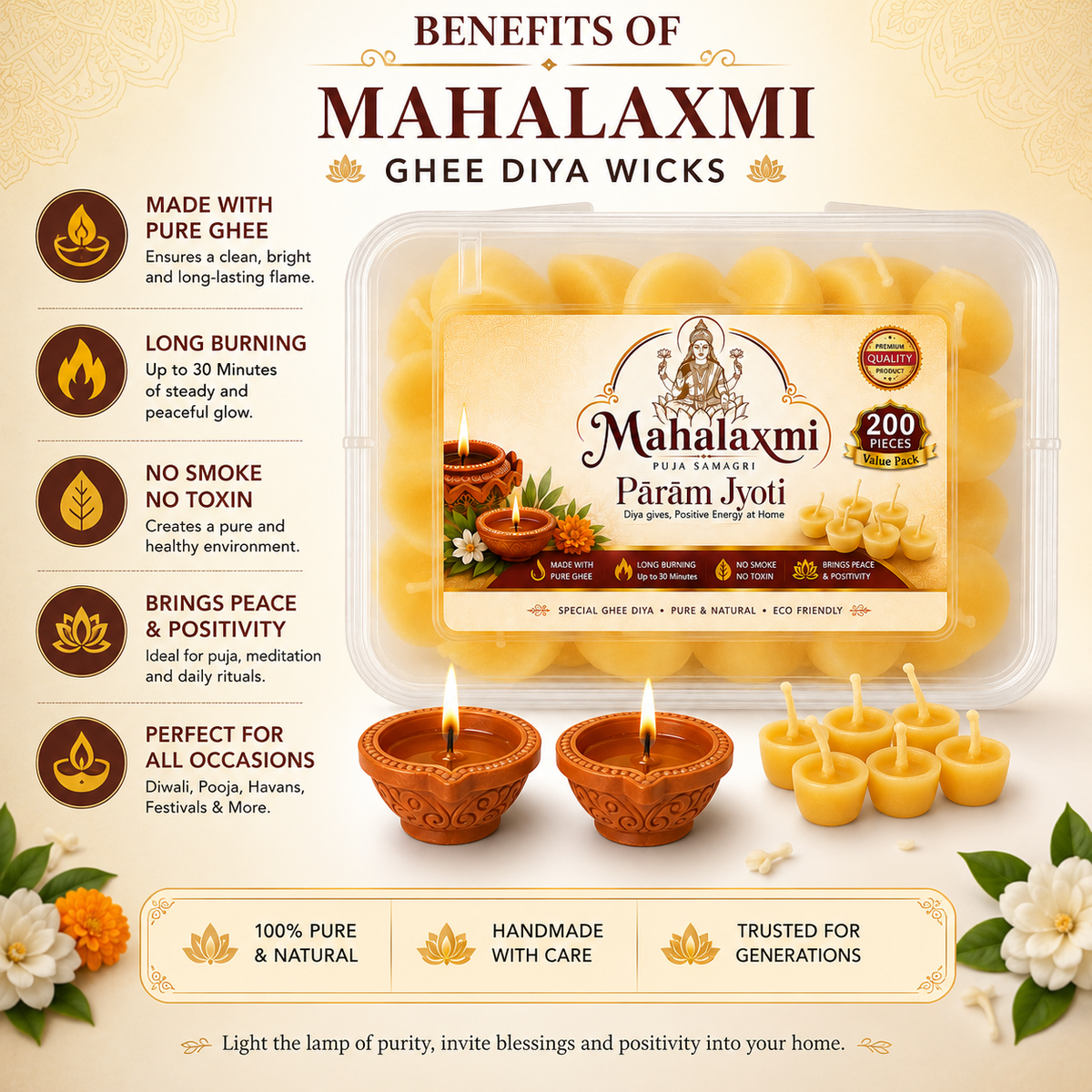 Premium Pure Ghee Diyas with Cotton Wick – 200 Ready-to-Light Diyas