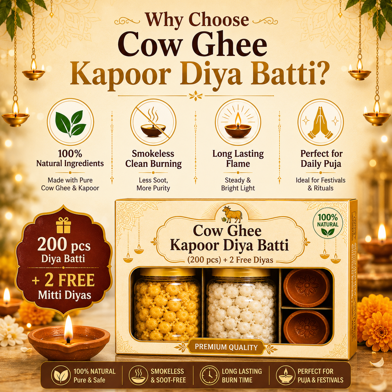 Cow Ghee Kapoor Diya Batti (200 pcs) + 2 Free Diyas