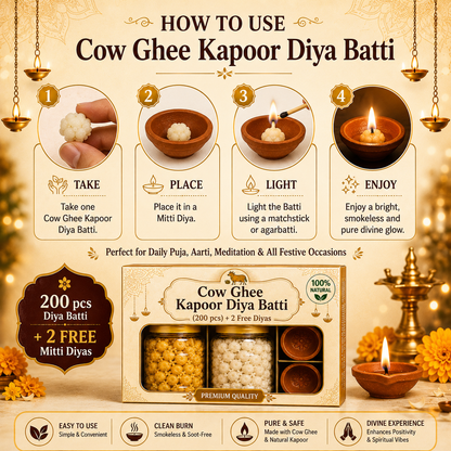 Cow Ghee Kapoor Diya Batti (200 pcs) + 2 Free Diyas
